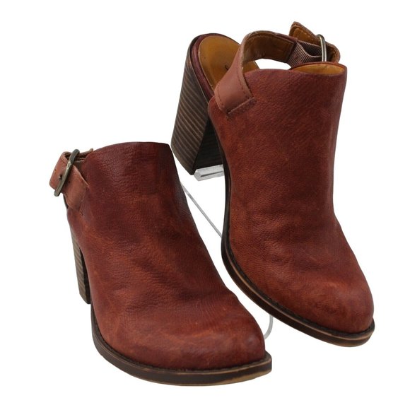 Lucky Brand Sz 6M Odenah Leather Red Rust Block Heels Bootie Peep Toe Sling Back - Picture 2 of 9